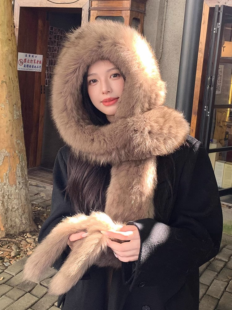 Fox Fur Hat Scarf Snow Hat Women Autumn Winter Warm High-end