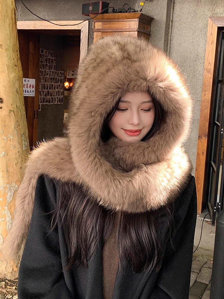 Fox Fur Hat Scarf Snow Hat Women Autumn Winter Warm High-end