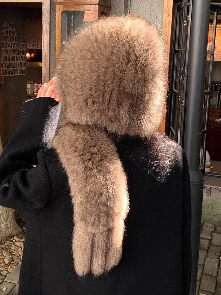 Fox Fur Hat Scarf Snow Hat Women Autumn Winter Warm High-end