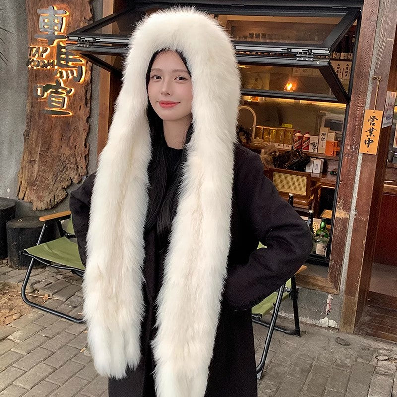 Fox Fur Hat Scarf Snow Hat Women Autumn Winter Warm High-end