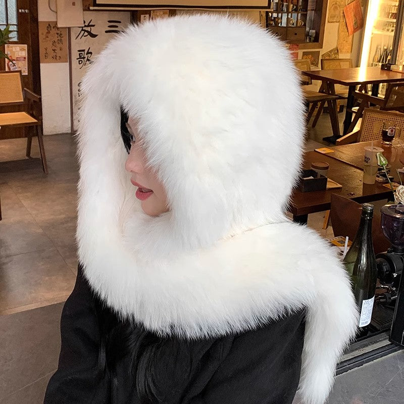 Fox Fur Hat Scarf Snow Hat Women Autumn Winter Warm High-end
