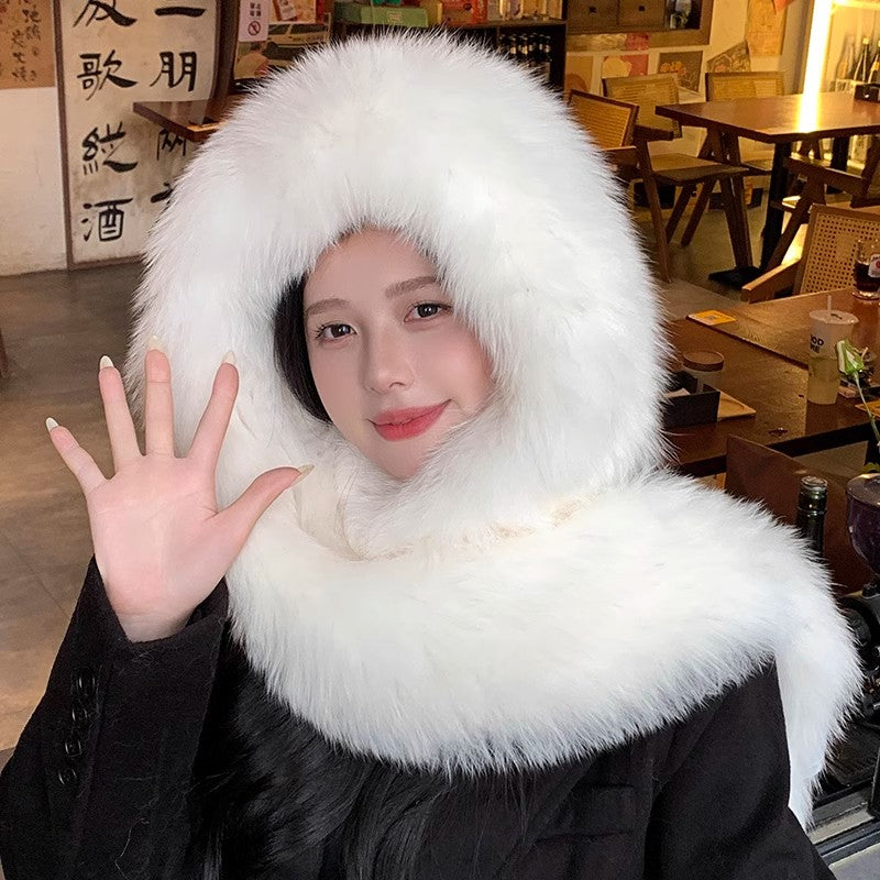 Fox Fur Hat Scarf Snow Hat Women Autumn Winter Warm High-end