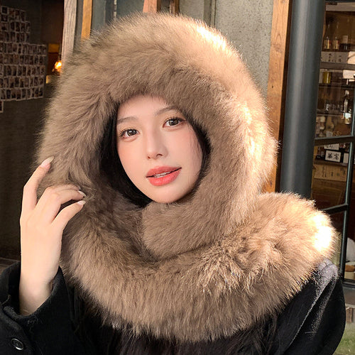 Fox Fur Hat Scarf Snow Hat Women Autumn Winter Warm High-end