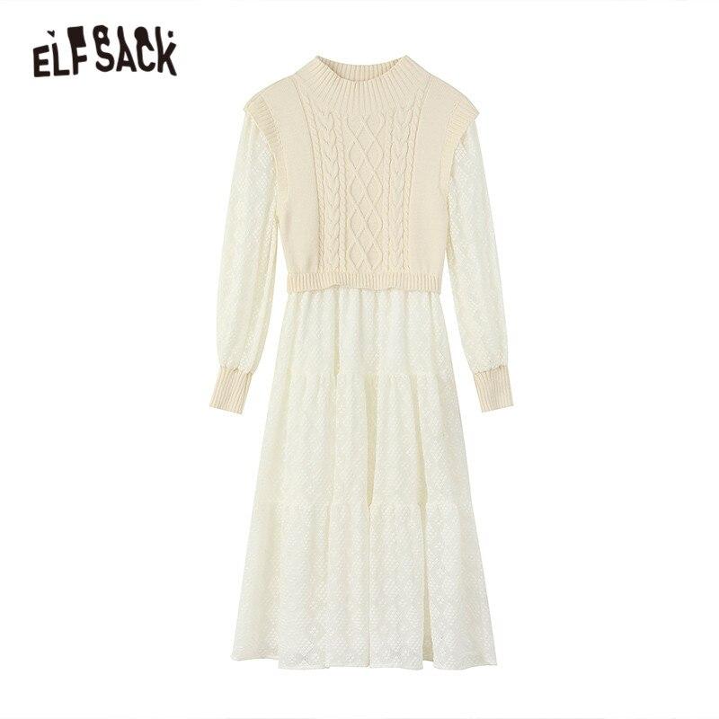Solid Pure High Waist Casual Knit Midi Dress Women,Winter ELF Vintage